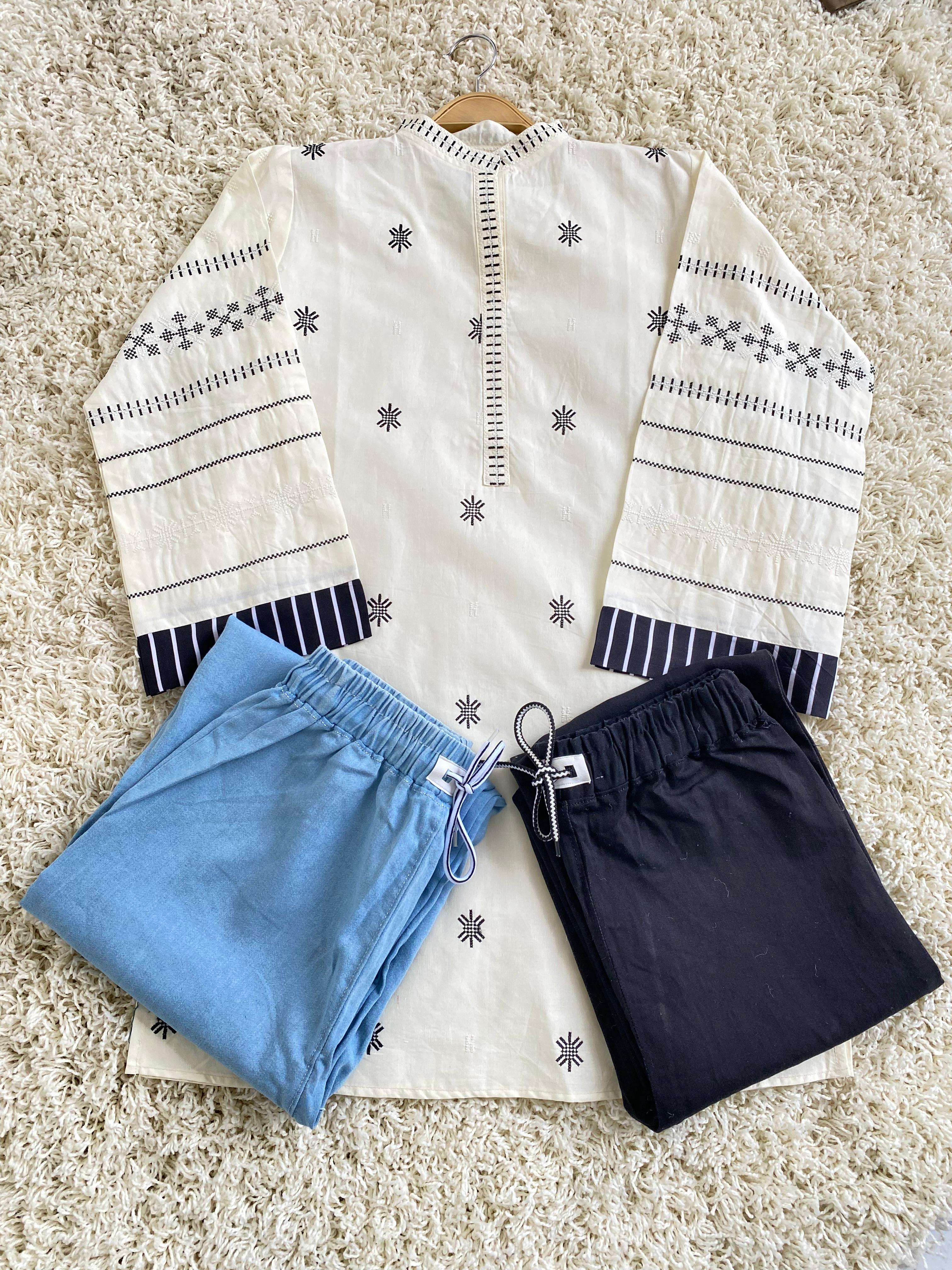 Stitched 2 Piece Embroided Royal Cotton Top with Baggy Jeans - Design 2